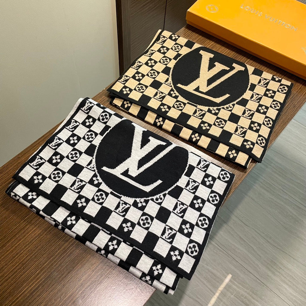 LOUIS VUITTON CLASSIC DAMIER SCARF 200 CM IN BLACK MIX WHITE CASHMERE 389750