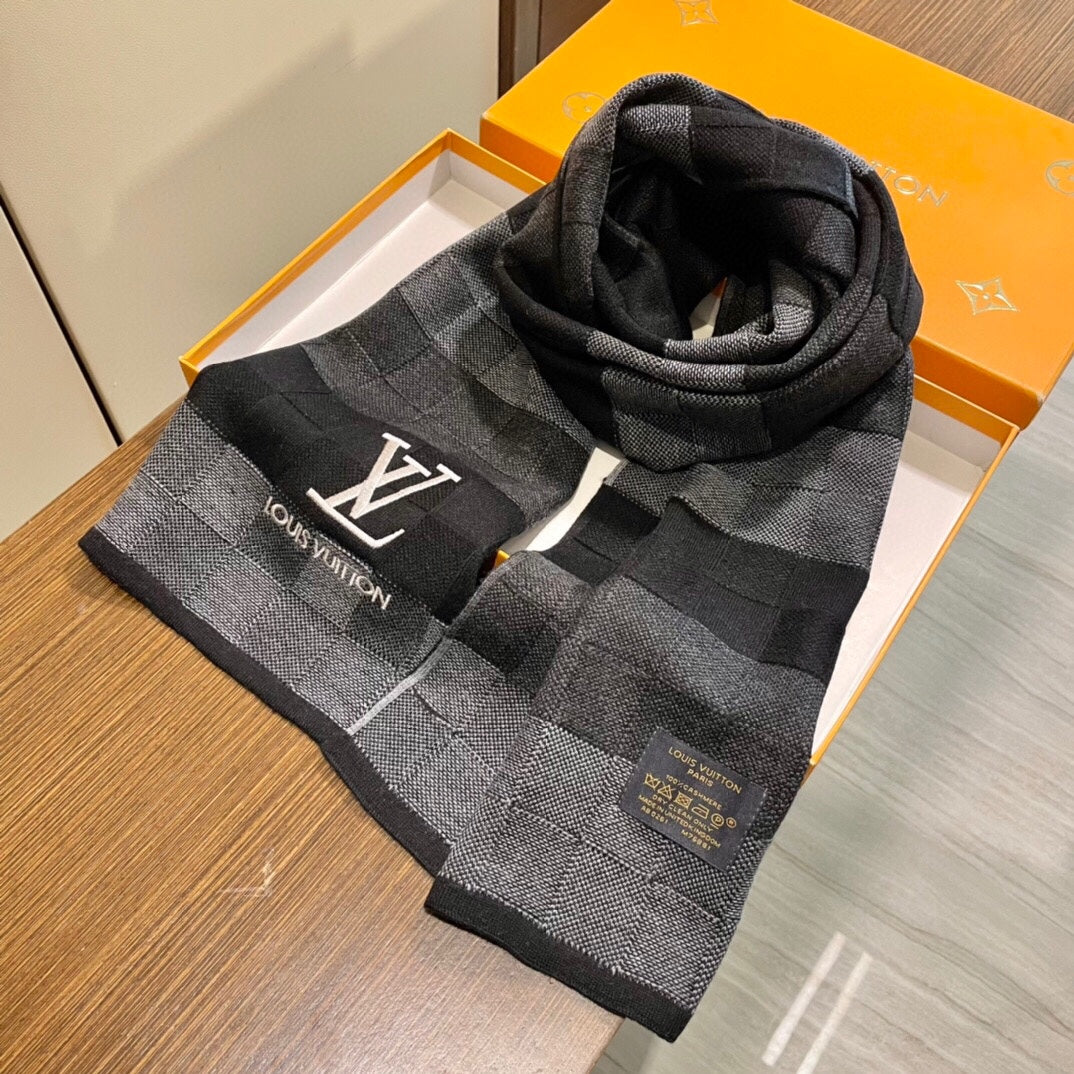 LOUIS VUITTON DAMIER HERITAGE SCARF 180 CM IN BLACK MIX GRAY CASHMERE 391150