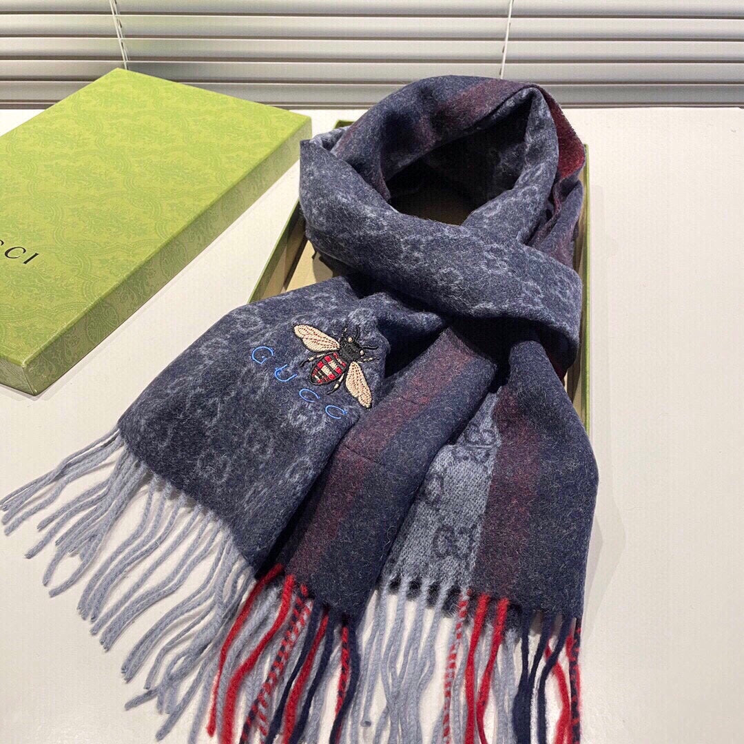 GUCCI STRIPED SCARF 200 CM IN DARK GRAY CASHMERE WITH EMBROIDERED BEE 398533