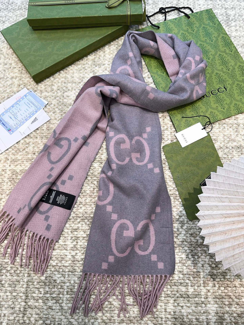 GUCCI SCARF 200 CM IN LIGHT PINK MIX GRAY CASHMERE 396379