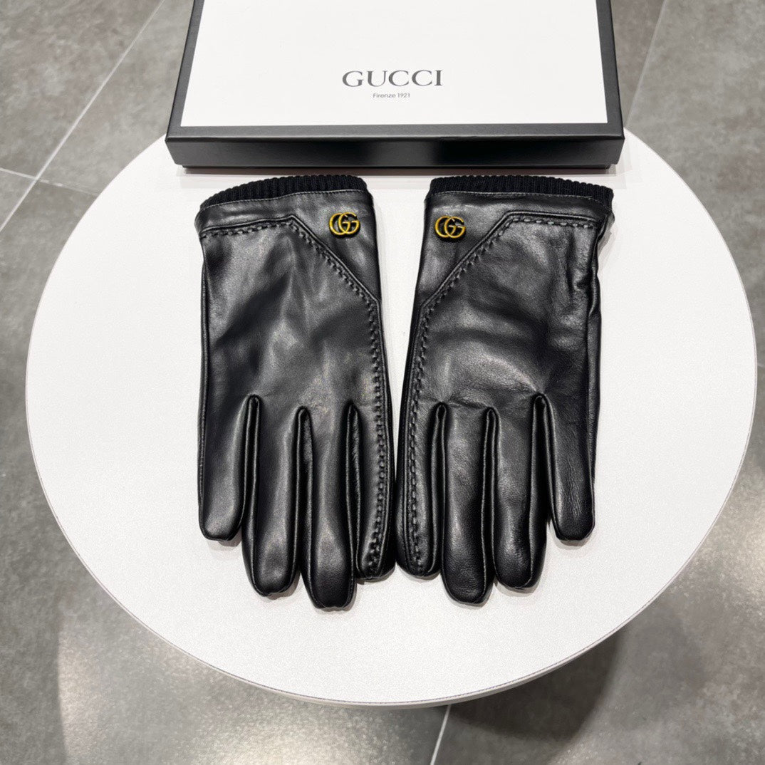 GUCCI TOUCHSCREEN GLOVES IN BLACK LAMBSKIN MIX WOOL 130577