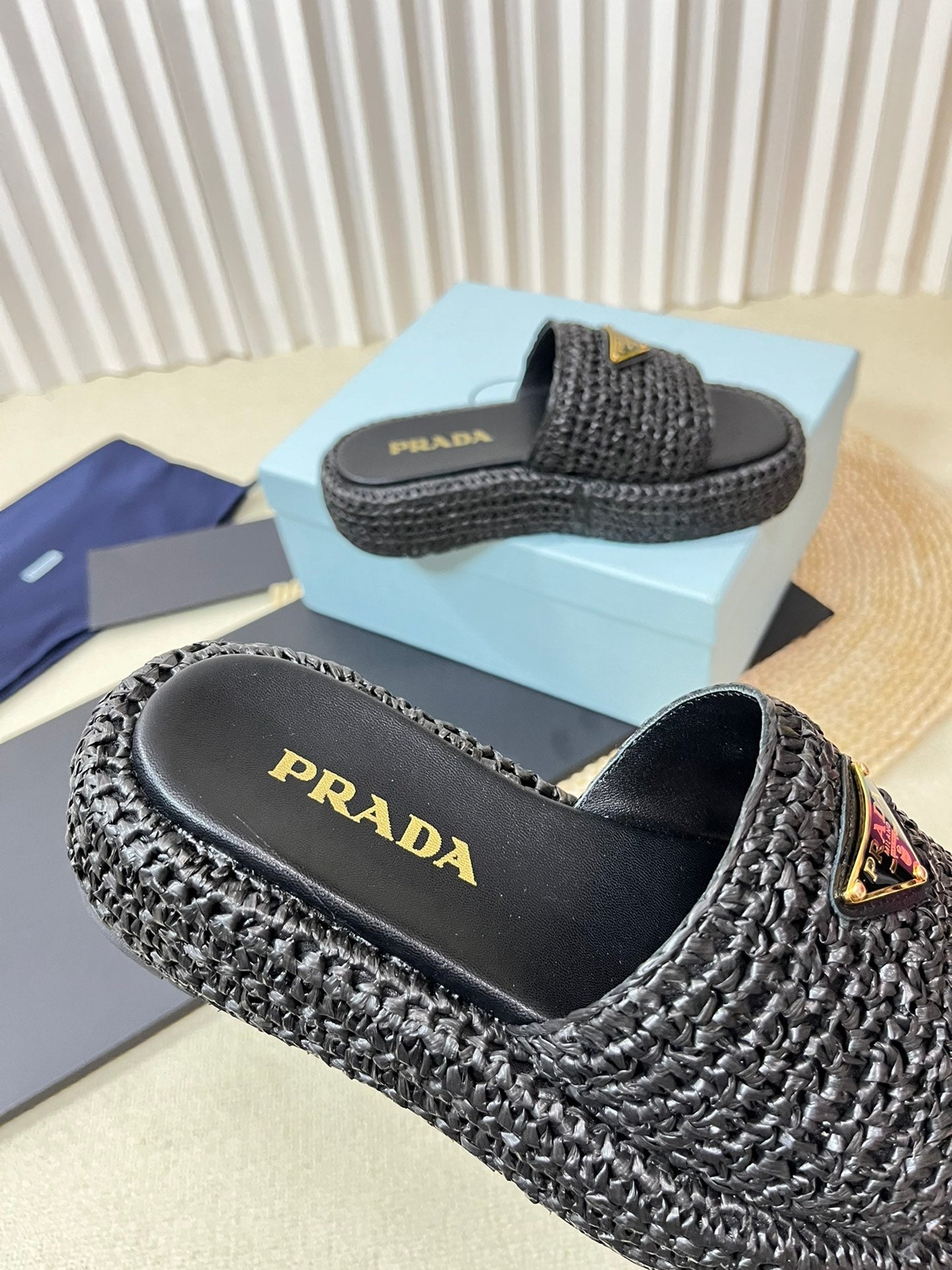 PRADA CROCHET FLATFORM SLIDES BLACK RAFFIA