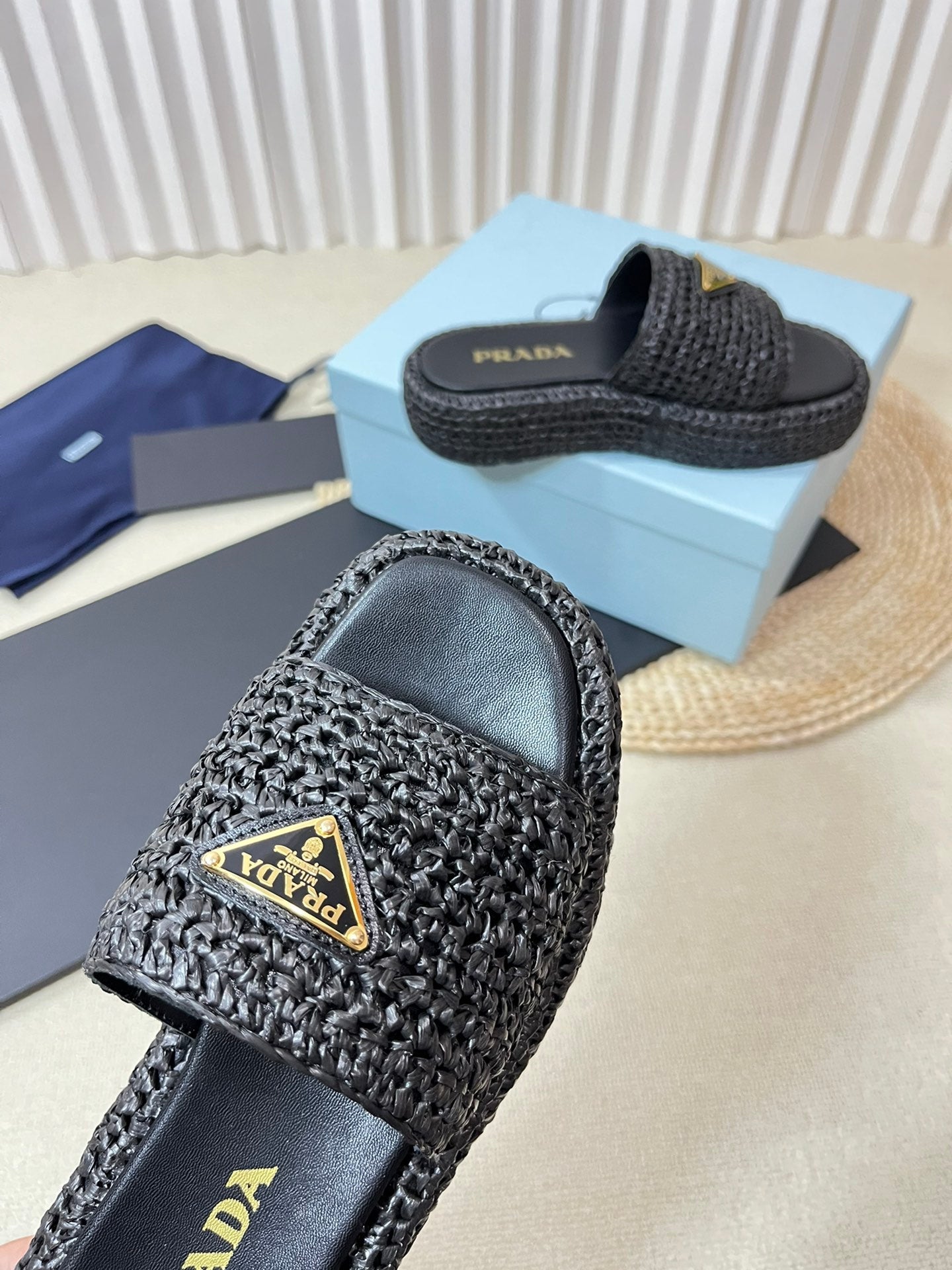 PRADA CROCHET FLATFORM SLIDES BLACK RAFFIA