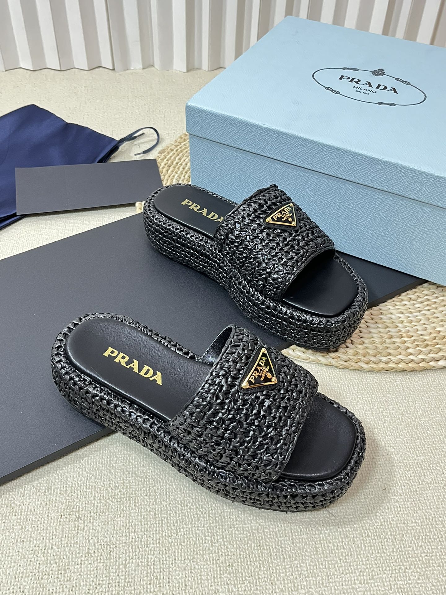 PRADA CROCHET FLATFORM SLIDES BLACK RAFFIA
