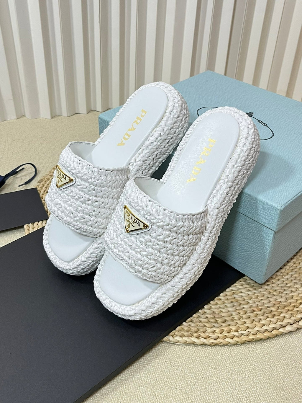 PRADA CROCHET FLATFORM SLIDES WHITE RAFFIA