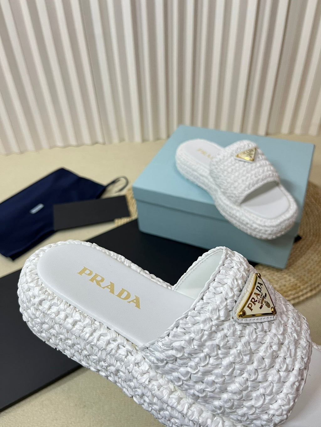 PRADA CROCHET FLATFORM SLIDES WHITE RAFFIA