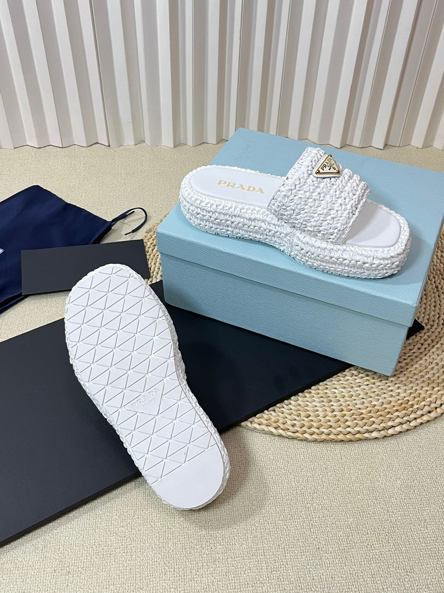 PRADA CROCHET FLATFORM SLIDES WHITE RAFFIA