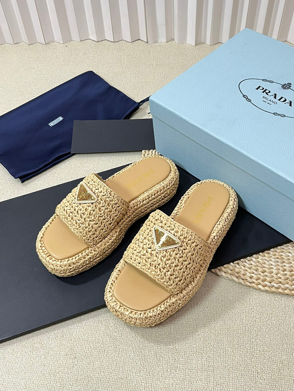 PRADA CROCHET FLATFORM SLIDES BEIGE RAFFIA