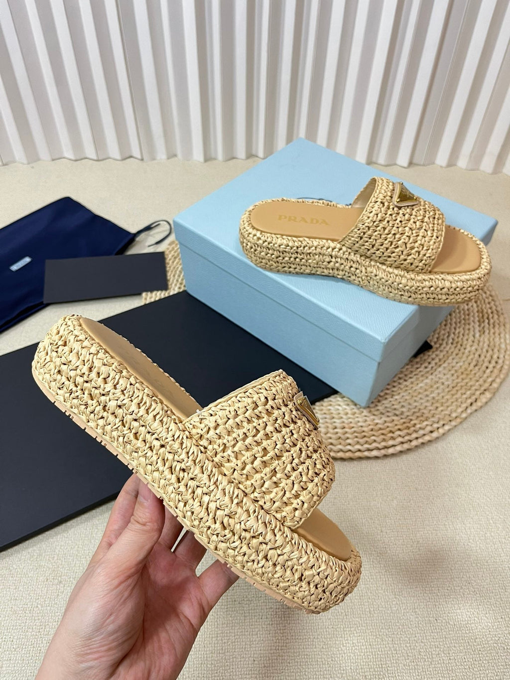 PRADA CROCHET FLATFORM SLIDES BEIGE RAFFIA