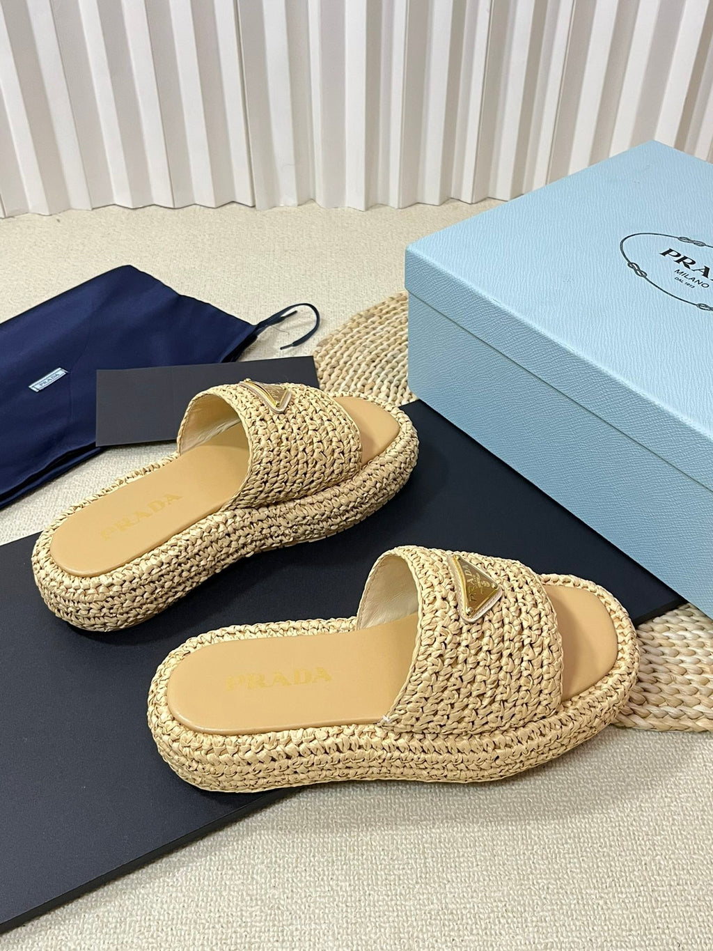 PRADA CROCHET FLATFORM SLIDES BEIGE RAFFIA