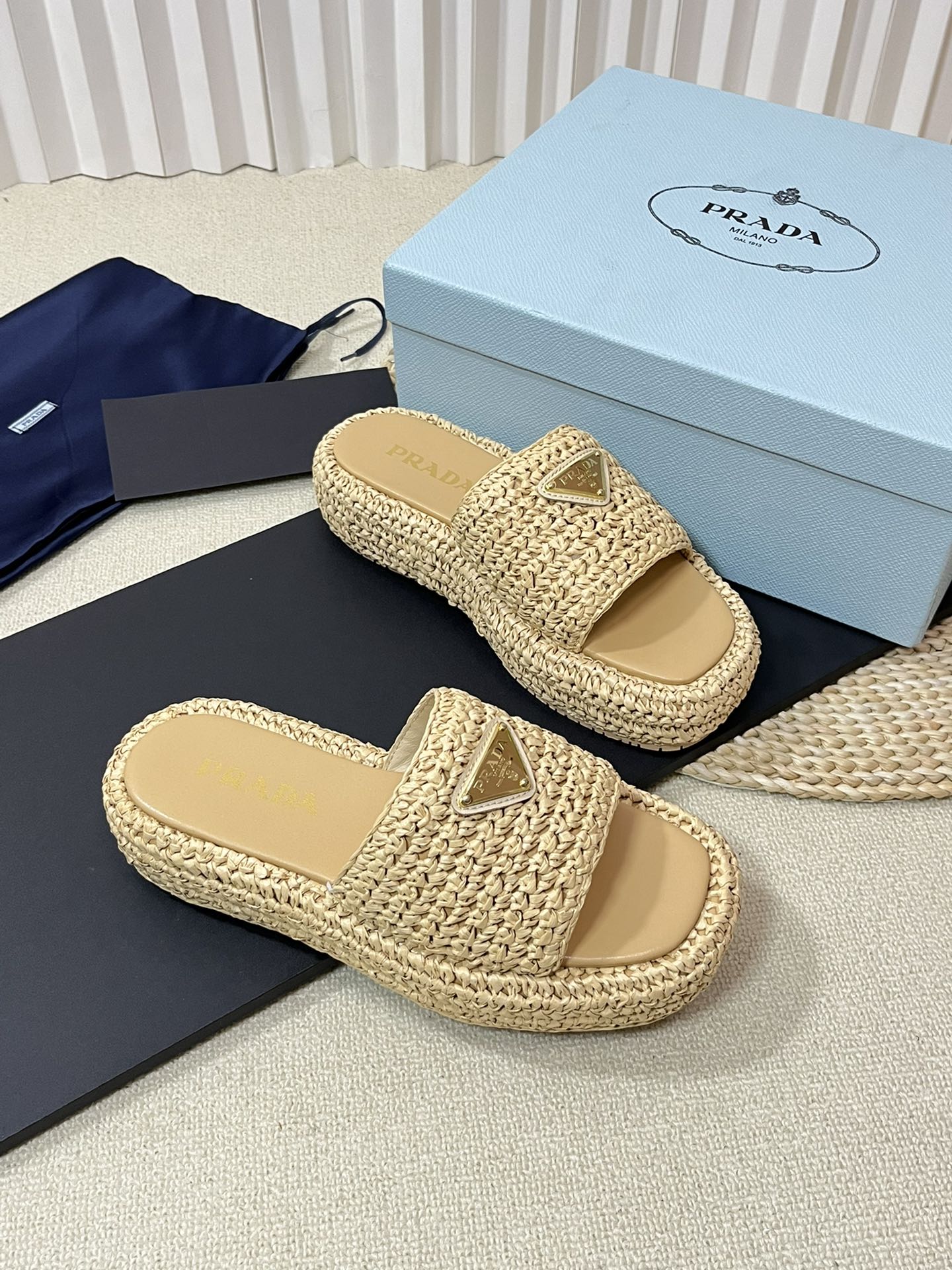 PRADA WEDGE FLATFORM SLIDES BEIGE RAFFIA
