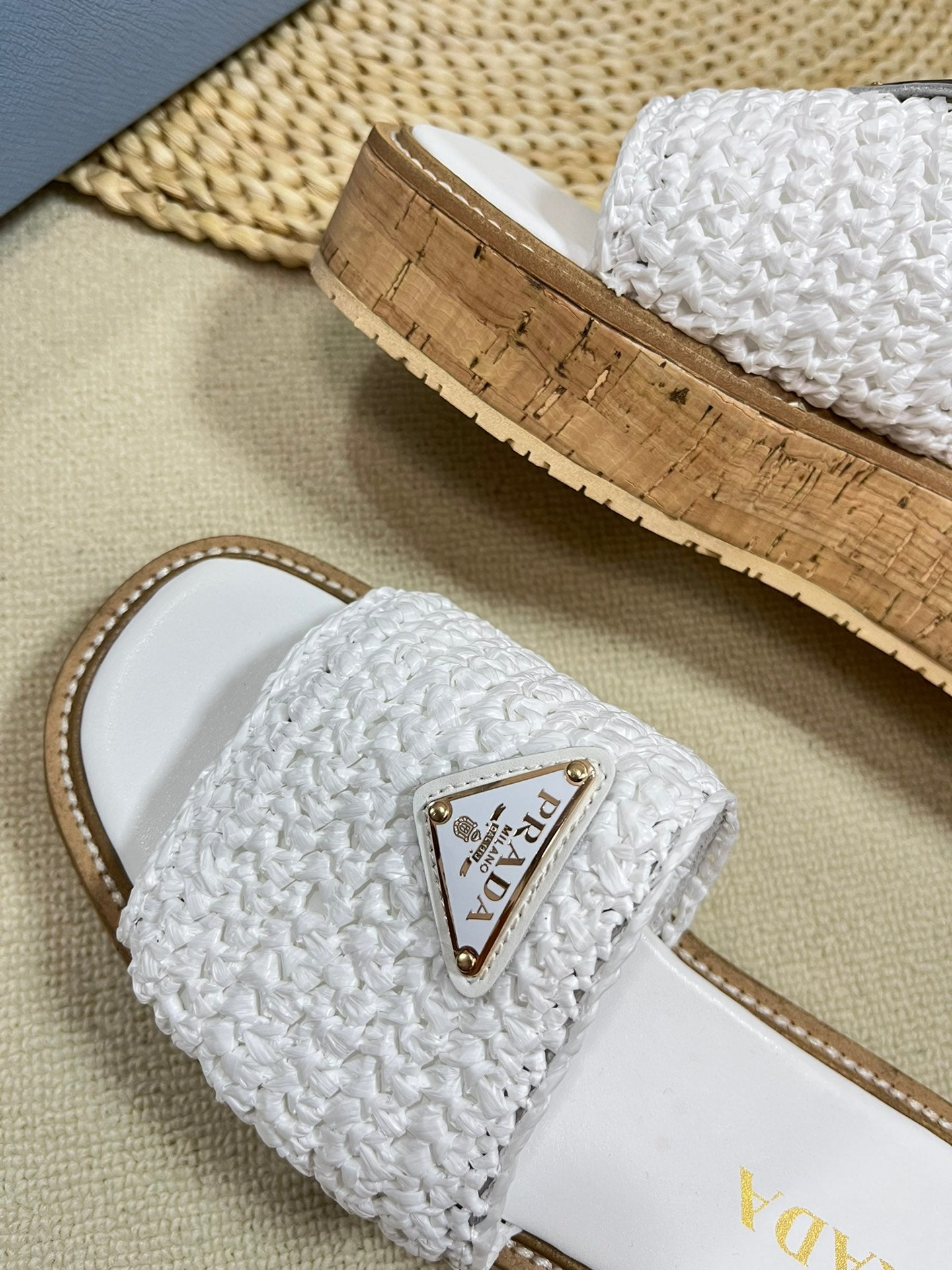 PRADA WEDGE FLATFORM SLIDES WHITE RAFFIA