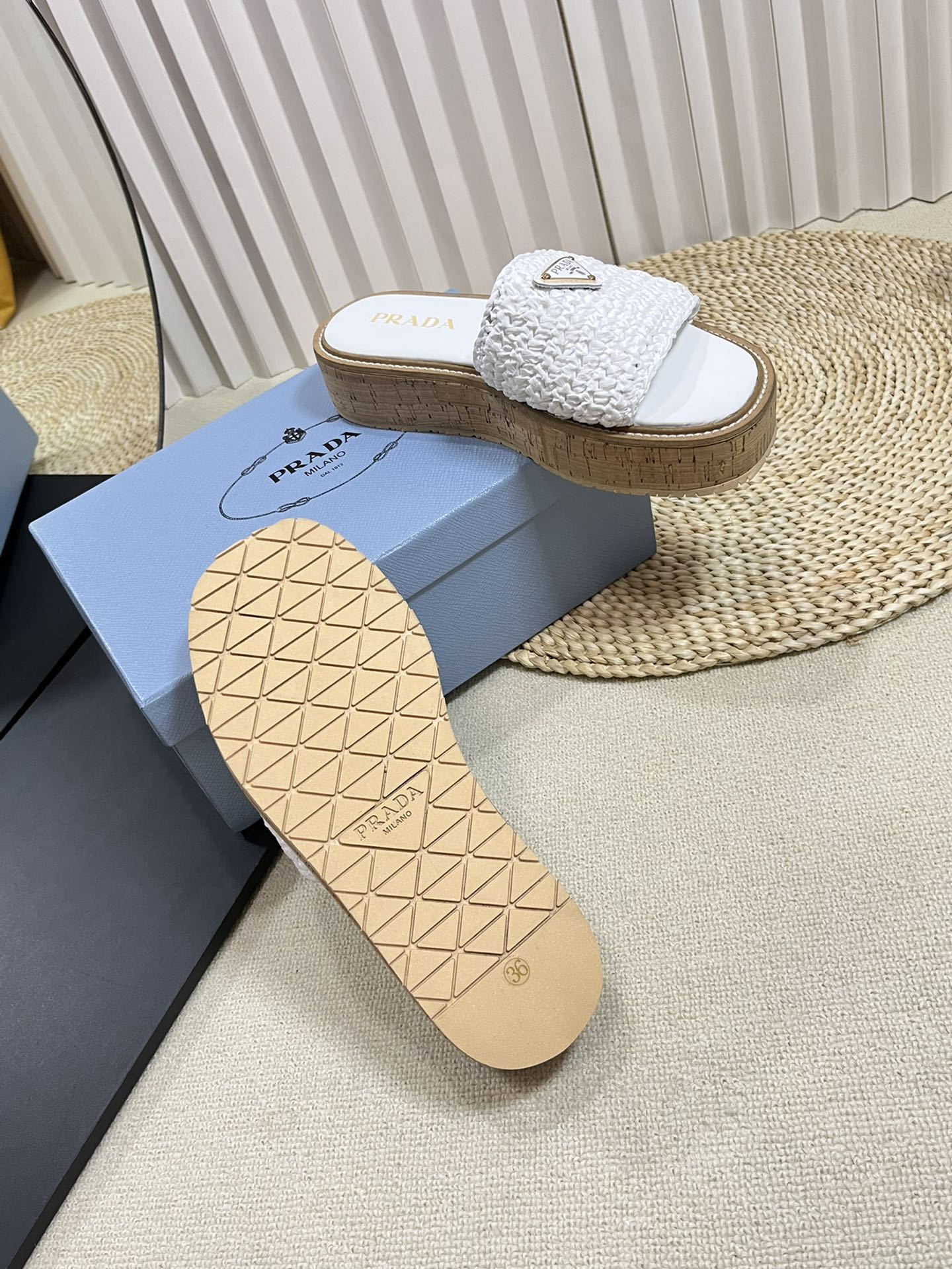PRADA Crochet Flatform Slides 40 Lightweight Cork Sole White