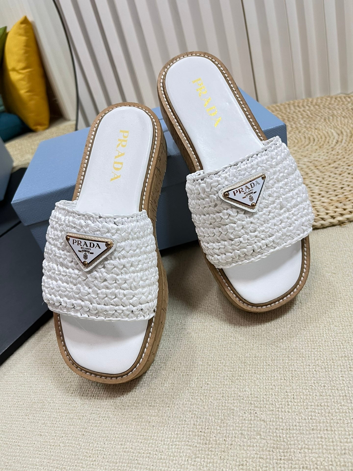 PRADA WEDGE FLATFORM SLIDES WHITE RAFFIA