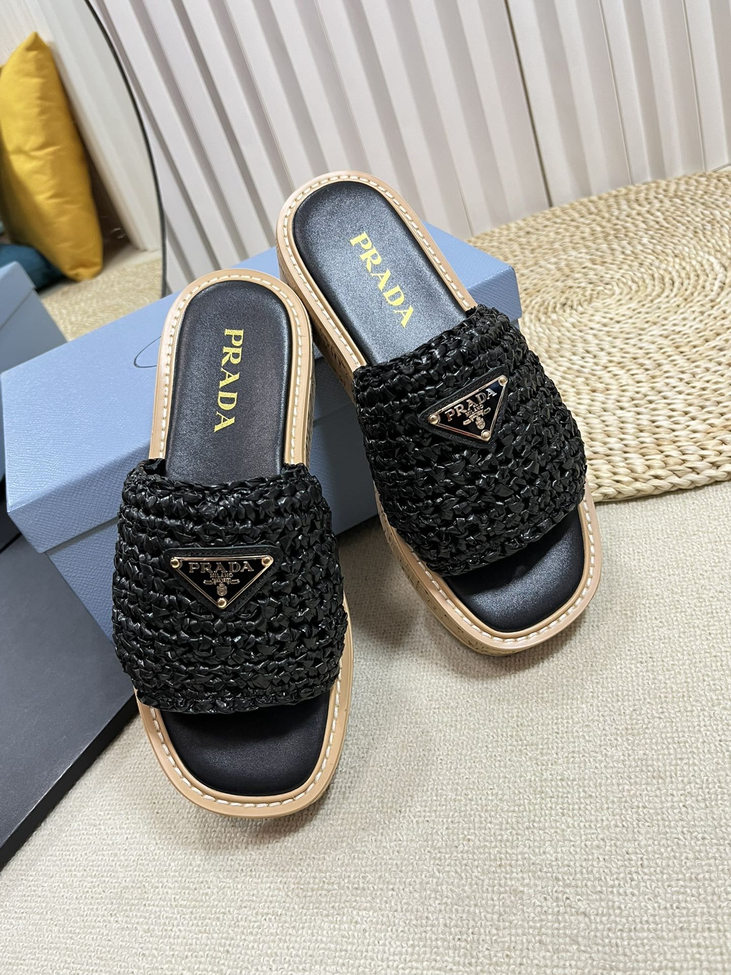 PRADA WEDGE FLATFORM SLIDES BLACK RAFFIA