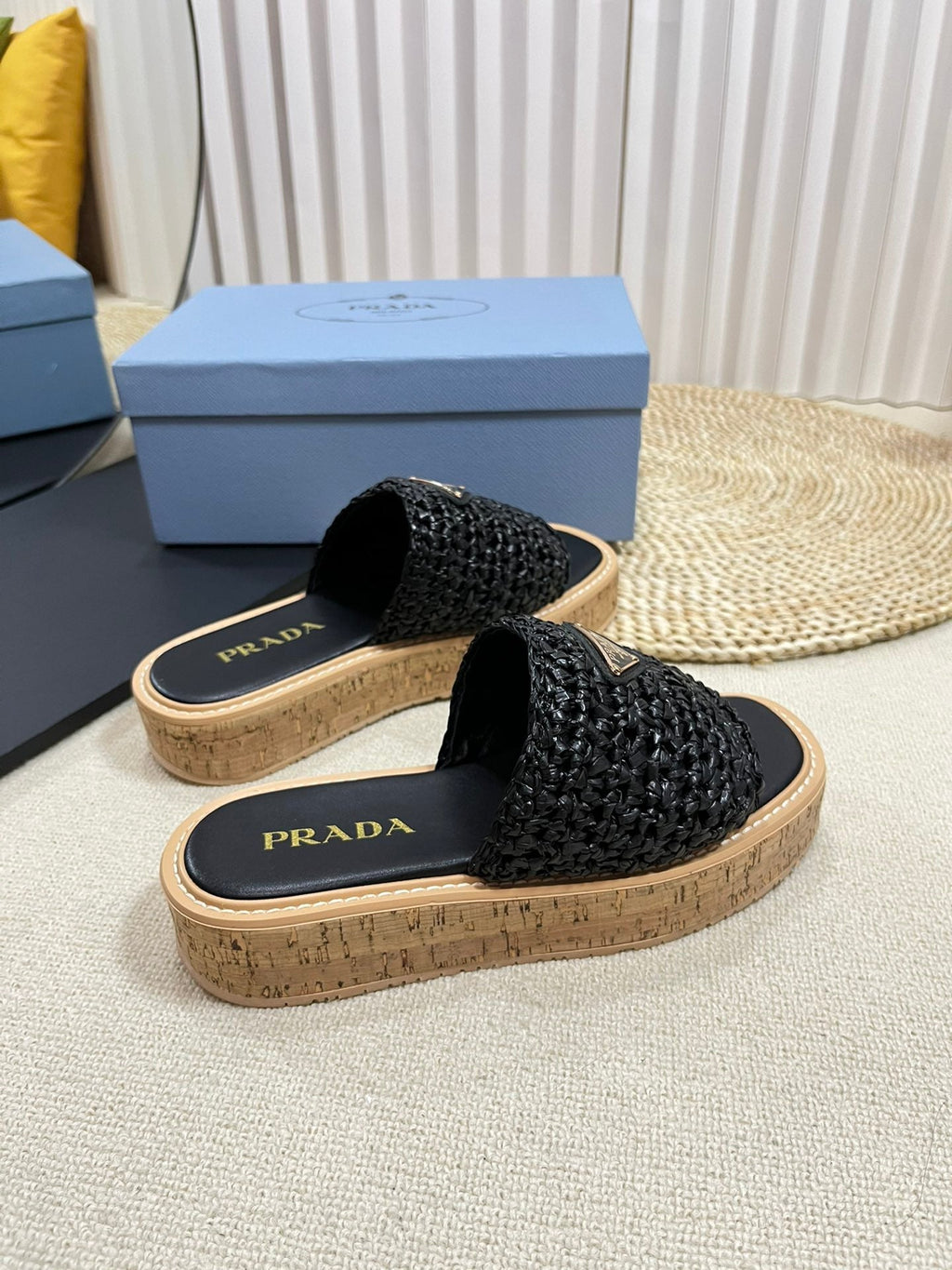 PRADA WEDGE FLATFORM SLIDES BLACK RAFFIA