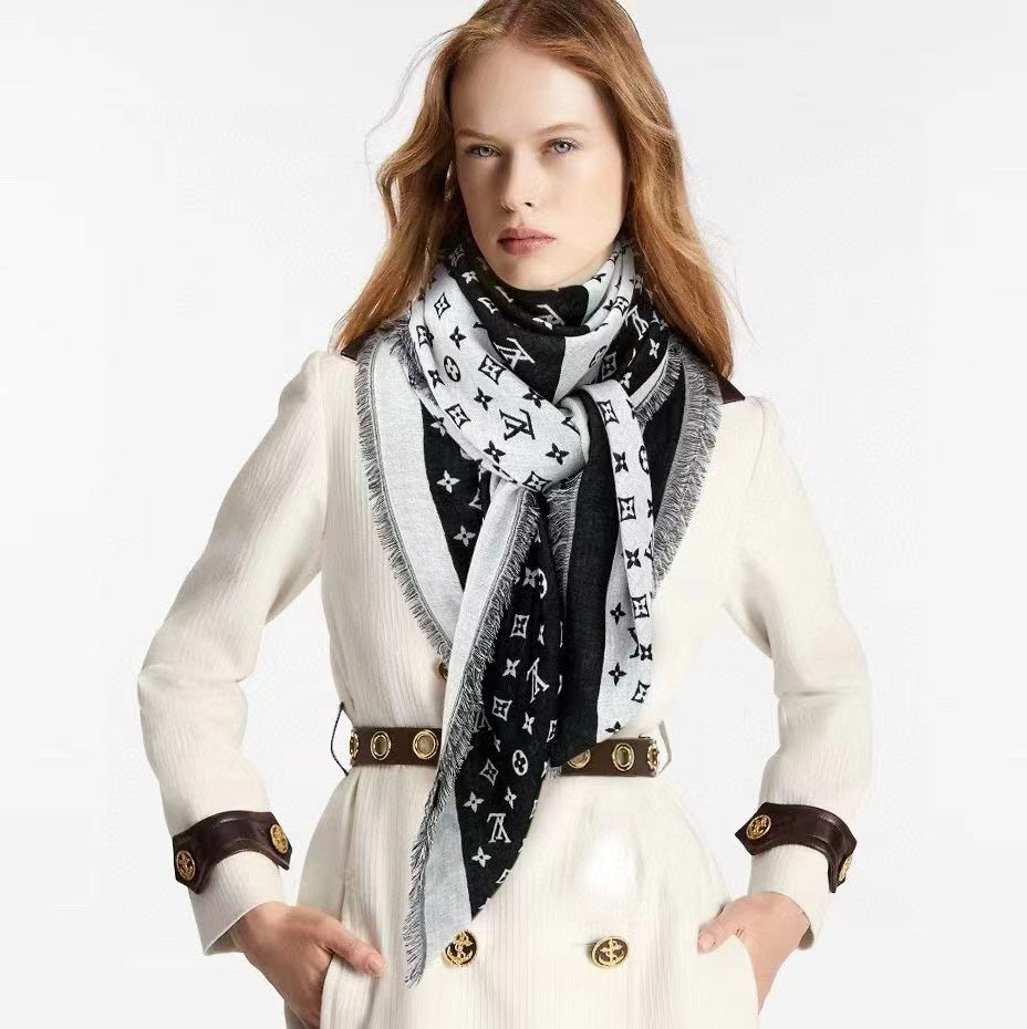 LOUIS VUITTON MONOGRAM 140 CM SQUARE SCARF IN BLACK MIX WHITE CASHMERE 391107