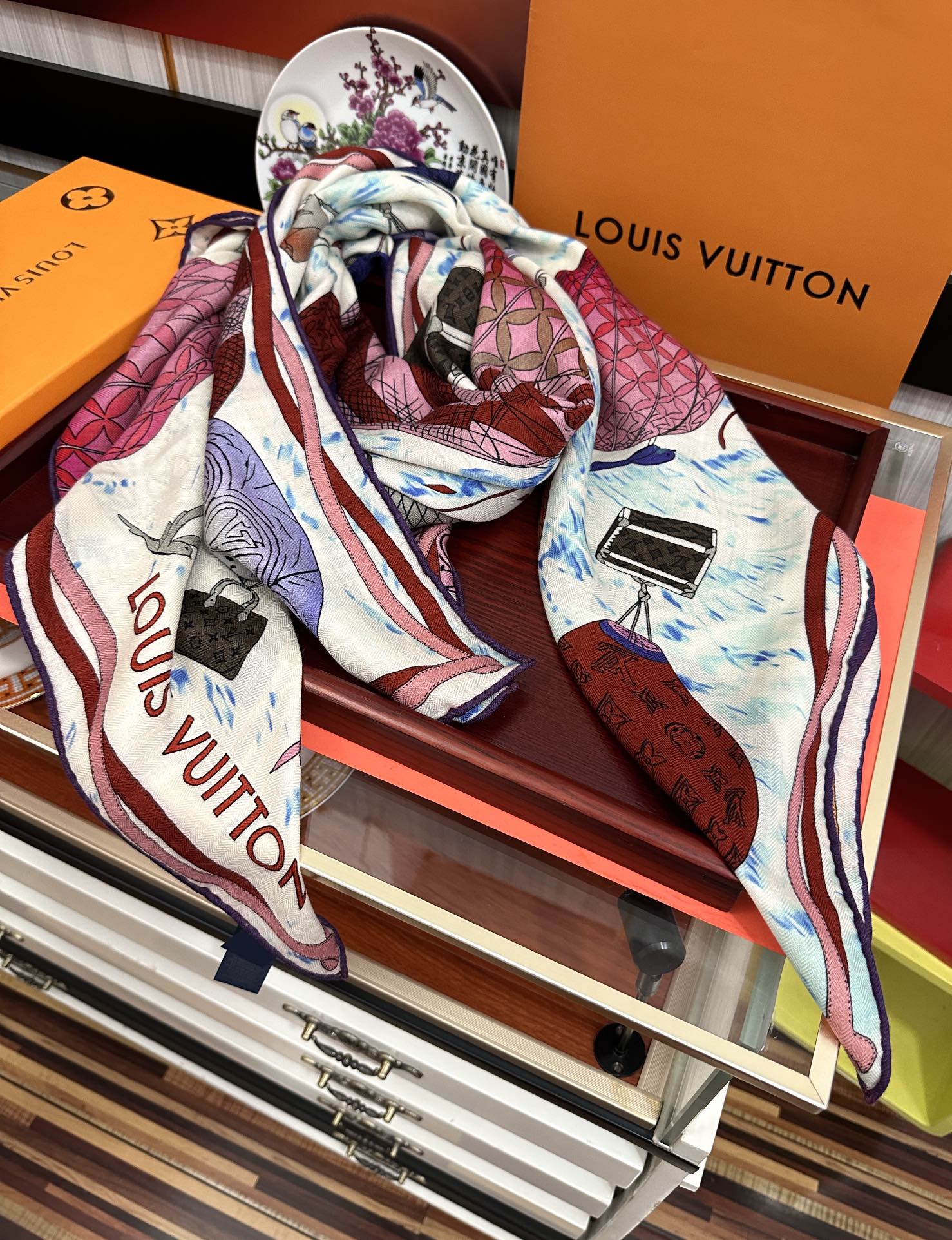 LOUIS VUITTON UP AND AWAY 140 CM SQUARE SILK SCARF COLORFUL 400073
