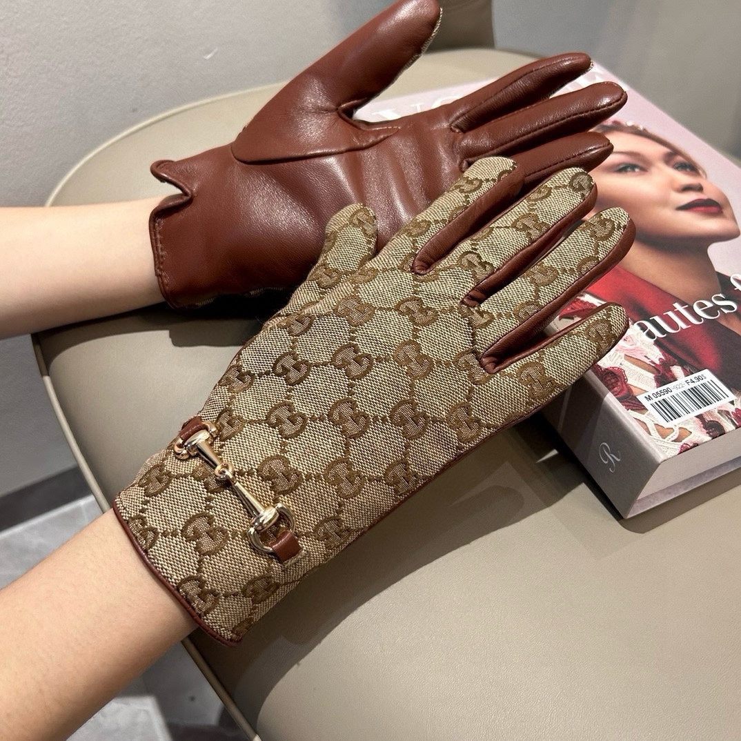 GUCCI HORSEBIT GLOVES IN BEIGE MONOGRAM JACQUARD FABRIC MIX RED BROWN SHEEPSKIN 456332