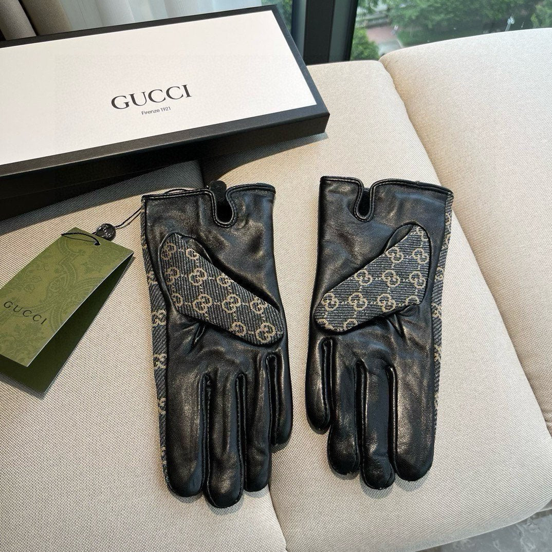 GUCCI HORSEBIT GLOVES IN STONE BLUE MONOGRAM JACQUARD FABRIC MIX BLACK SHEEPSKIN 456333