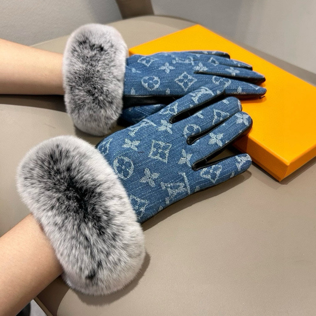 LOUIS VUITTON FINGERLESS GLOVES IN ELECTRIC BLUE MONOGRAM DENIM AND LAMBSKIN WITH RABBIT FUR 458591
