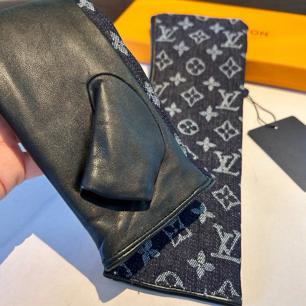 LOUIS VUITTON FINGERLESS LONG GLOVES IN BLACK MONOGRAM DENIM AND LAMBSKIN