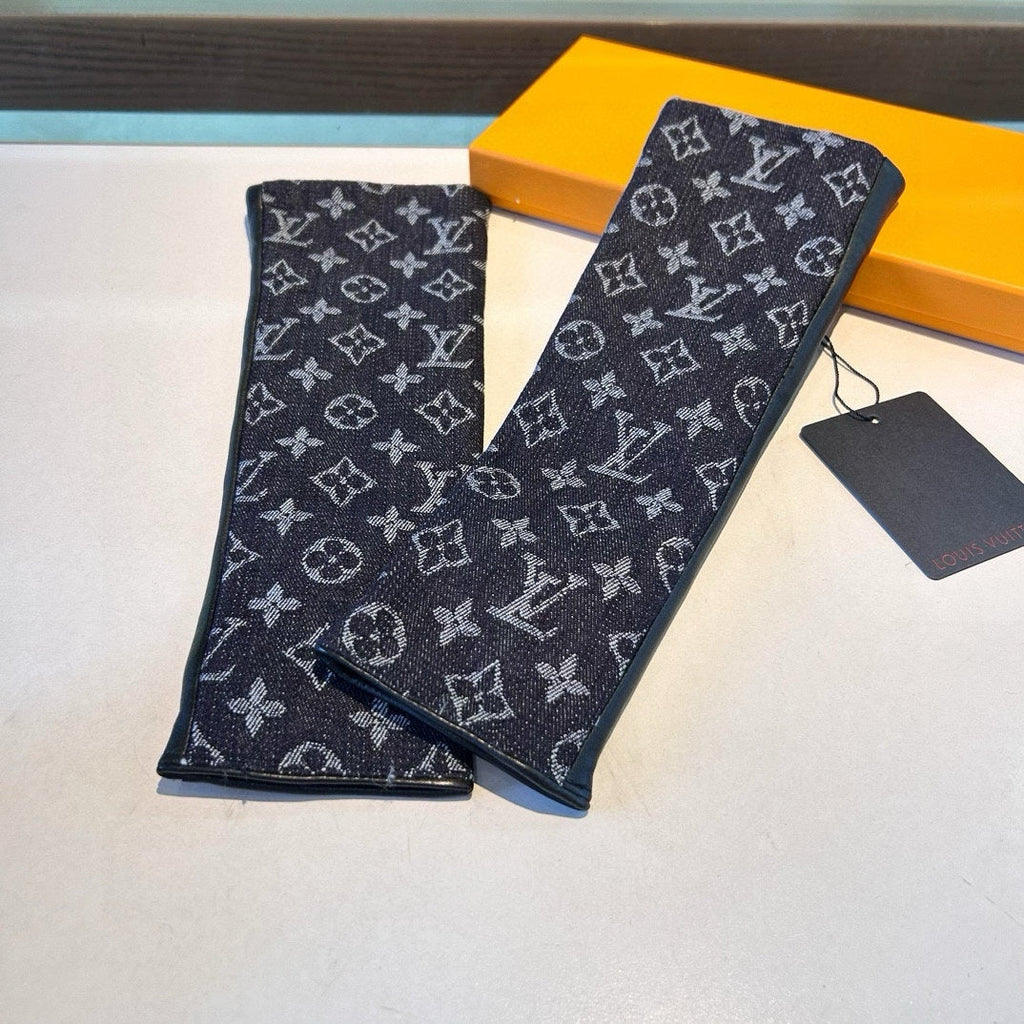LOUIS VUITTON FINGERLESS LONG GLOVES IN BLACK MONOGRAM DENIM AND LAMBSKIN