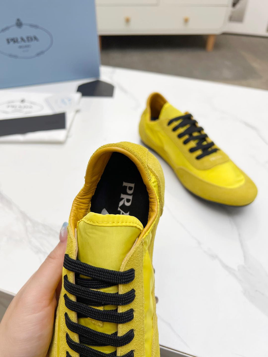 PRADA COLLAPSE SNEAKERS IN YELLOW SUEDE AND NYLON
