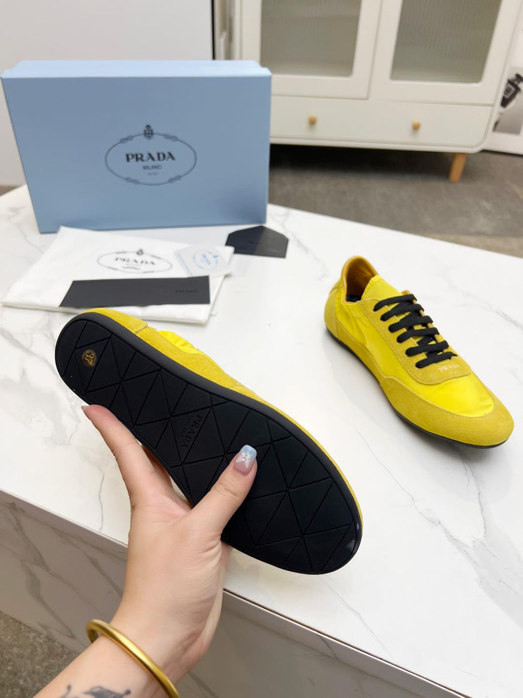 PRADA COLLAPSE SNEAKERS IN YELLOW SUEDE AND NYLON