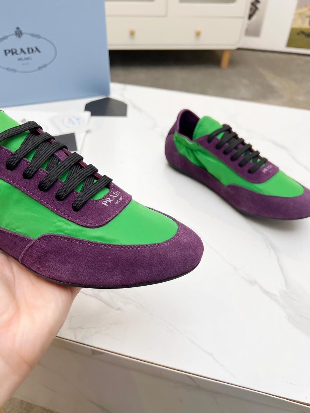 PRADA COLLAPSE SNEAKERS IN PURPLE SUEDE AND GREEN NYLON
