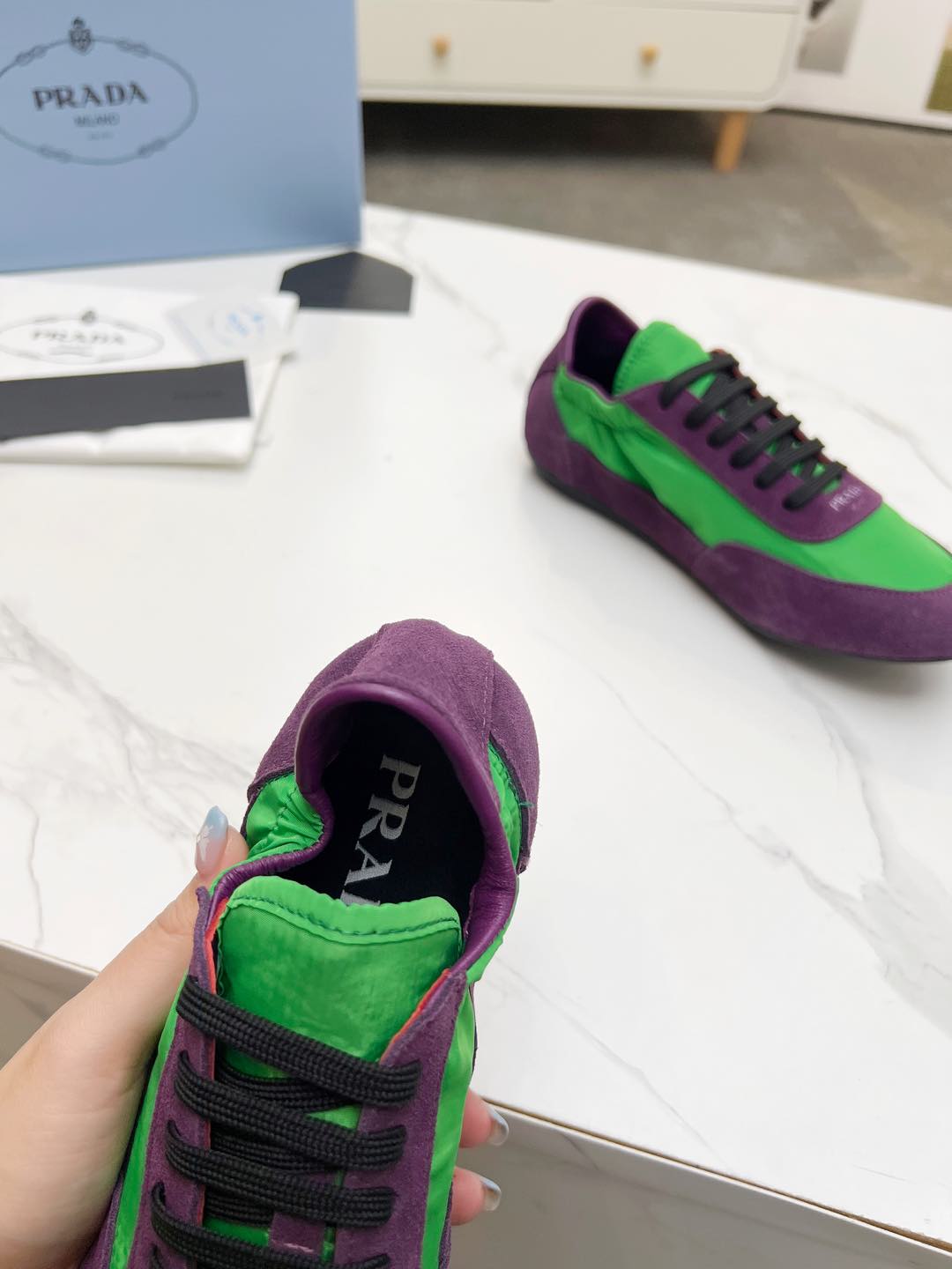 PRADA COLLAPSE SNEAKERS IN PURPLE SUEDE AND GREEN NYLON