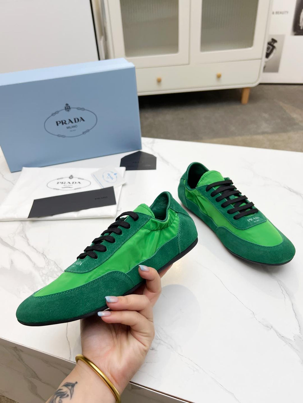 PRADA COLLAPSE SNEAKERS IN GREEN SUEDE AND NYLON
