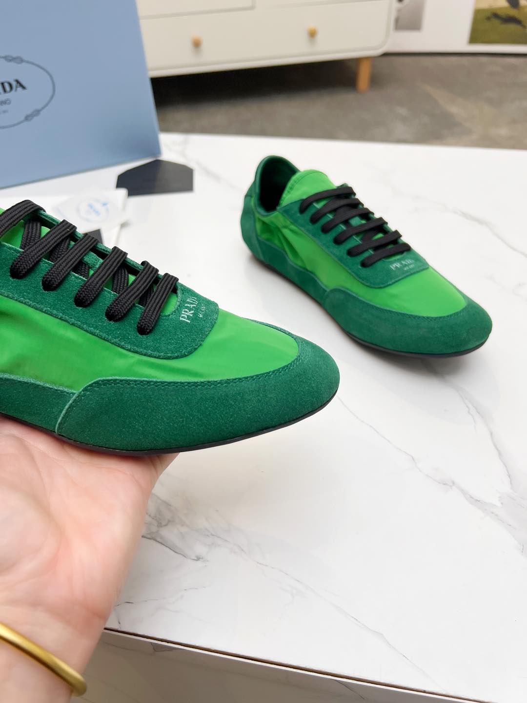 PRADA COLLAPSE SNEAKERS IN GREEN SUEDE AND NYLON