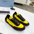 PRADA COLLAPSE SNEAKERS IN CHOCOLATE SUEDE AND YELLOW NYLON