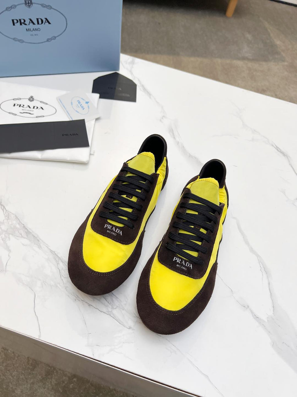 PRADA COLLAPSE SNEAKERS IN CHOCOLATE SUEDE AND YELLOW NYLON
