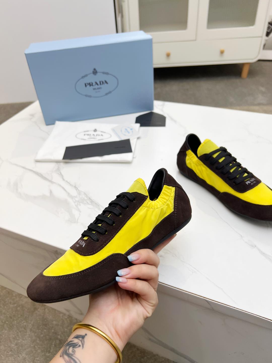 PRADA COLLAPSE SNEAKERS IN CHOCOLATE SUEDE AND YELLOW NYLON