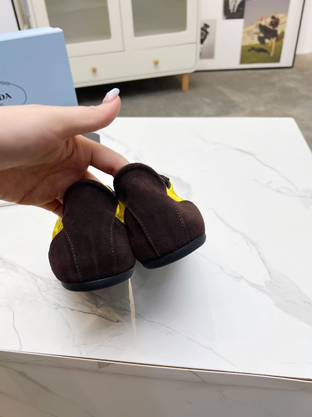 PRADA COLLAPSE SNEAKERS IN CHOCOLATE SUEDE AND YELLOW NYLON