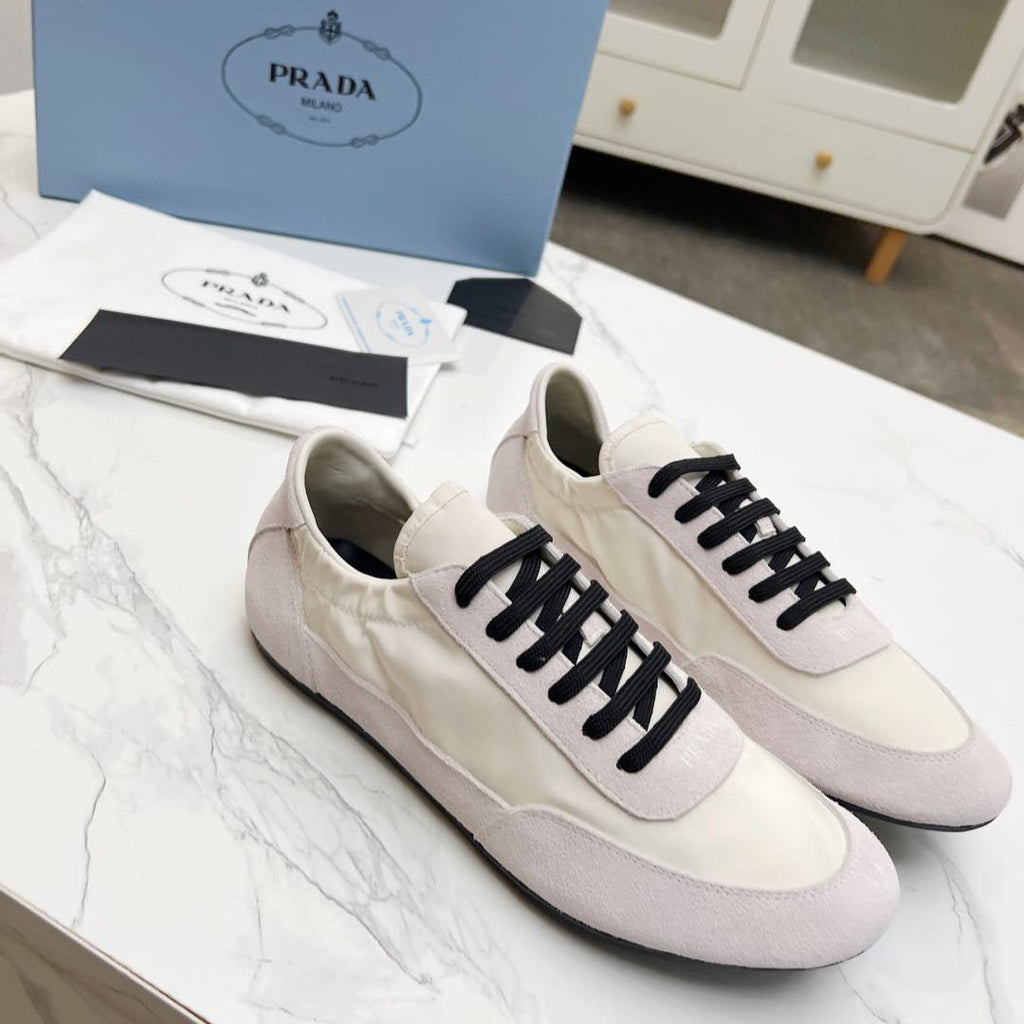 PRADA COLLAPSE SNEAKERS IN BEIGE SUEDE AND NYLON