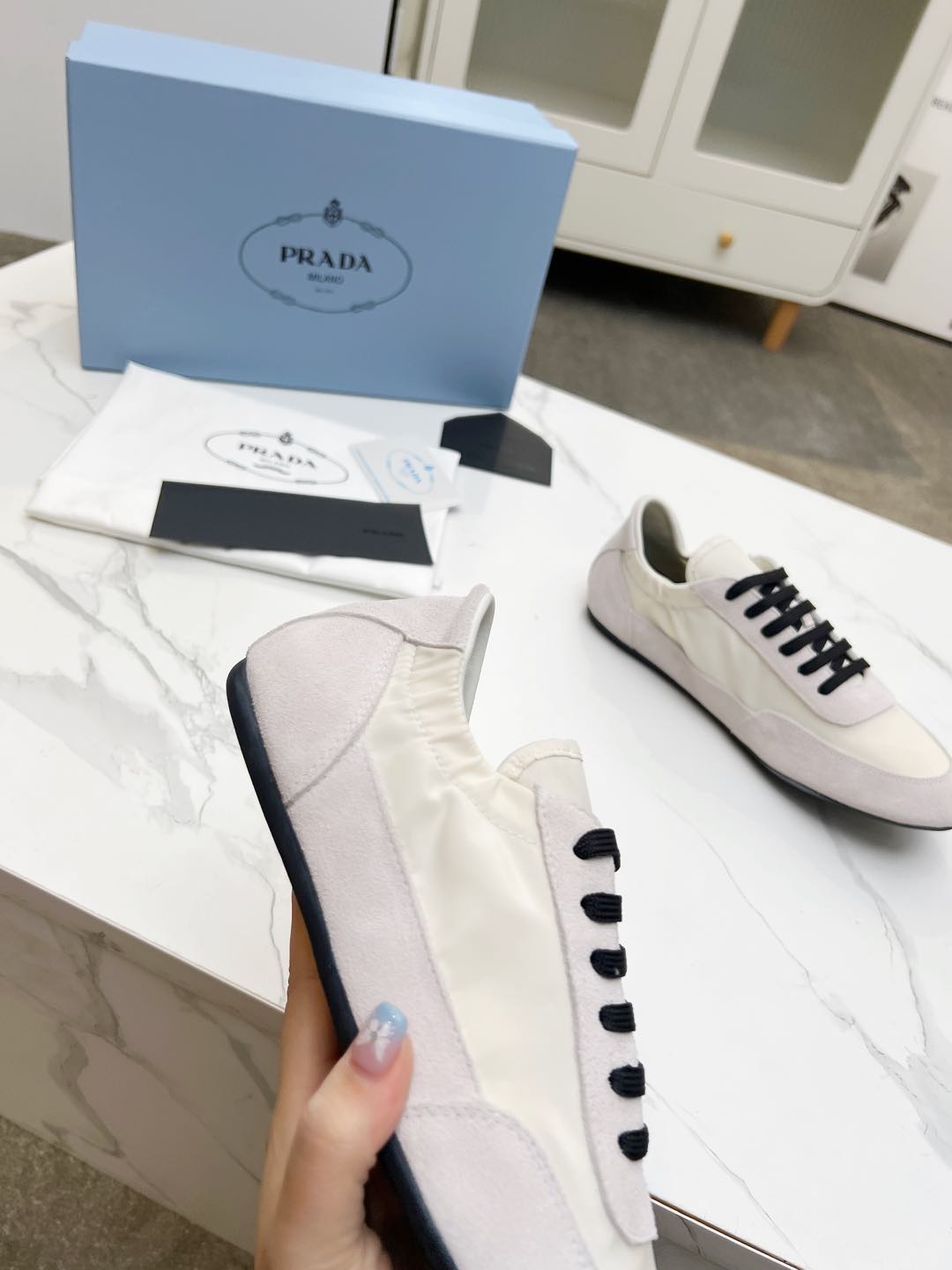 PRADA COLLAPSE SNEAKERS IN BEIGE SUEDE AND NYLON