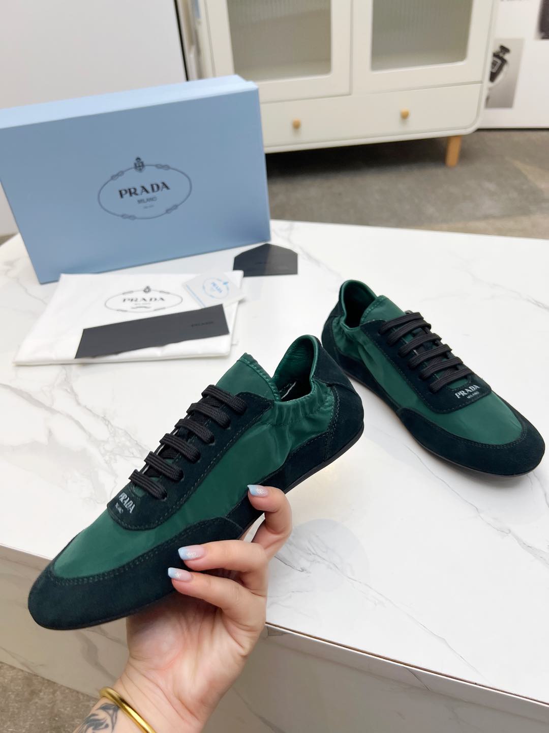 PRADA COLLAPSE SNEAKERS IN BLACK SUEDE AND FOREST GREEN NYLON