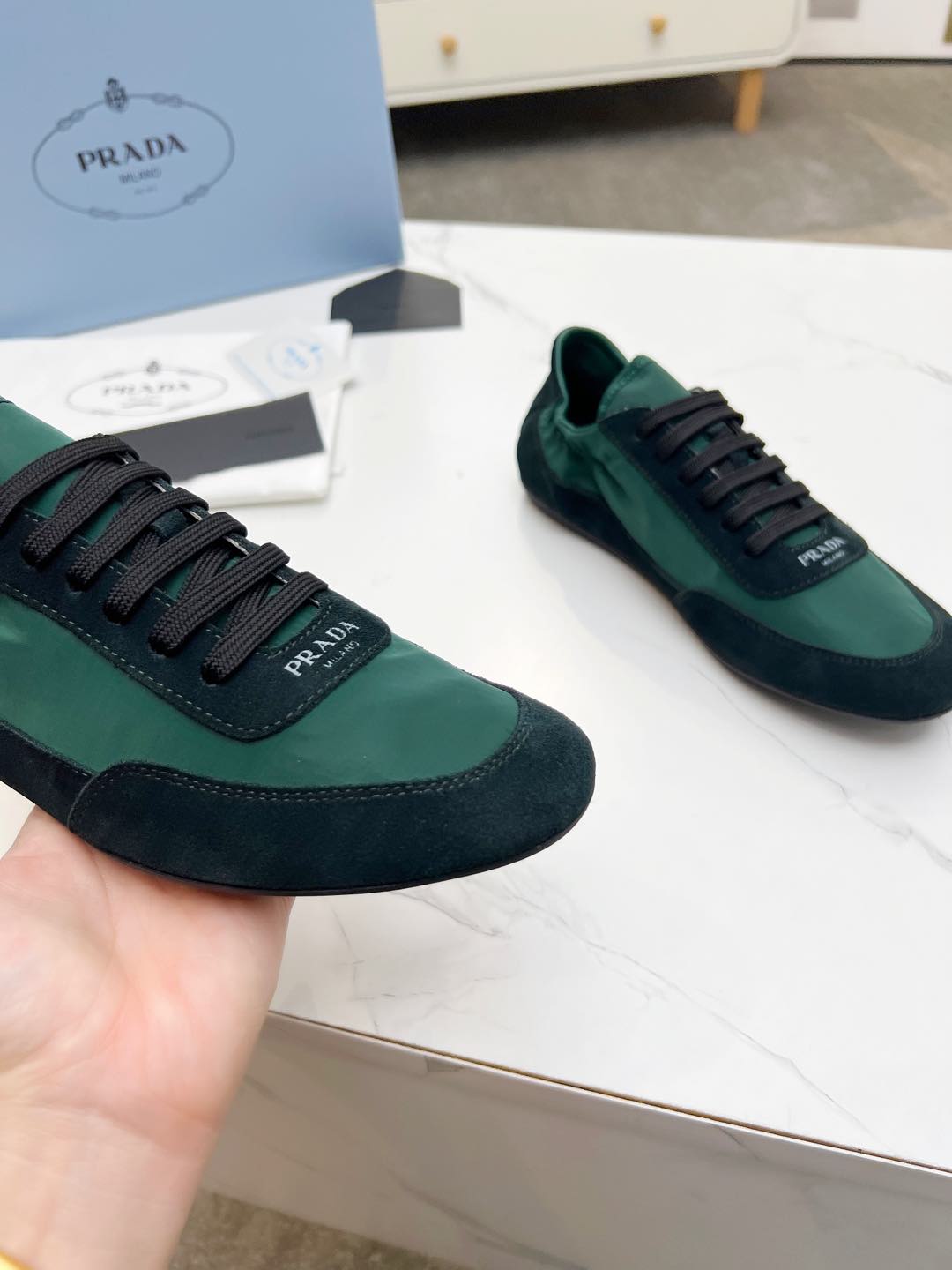 PRADA COLLAPSE SNEAKERS IN BLACK SUEDE AND FOREST GREEN NYLON