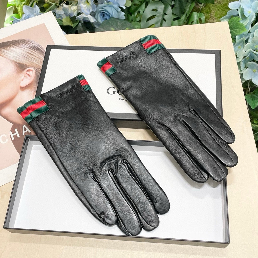 GUCCI TOUCHSCREEN GLOVES WITH WEB IN BLACK SHEEPSKIN 464982