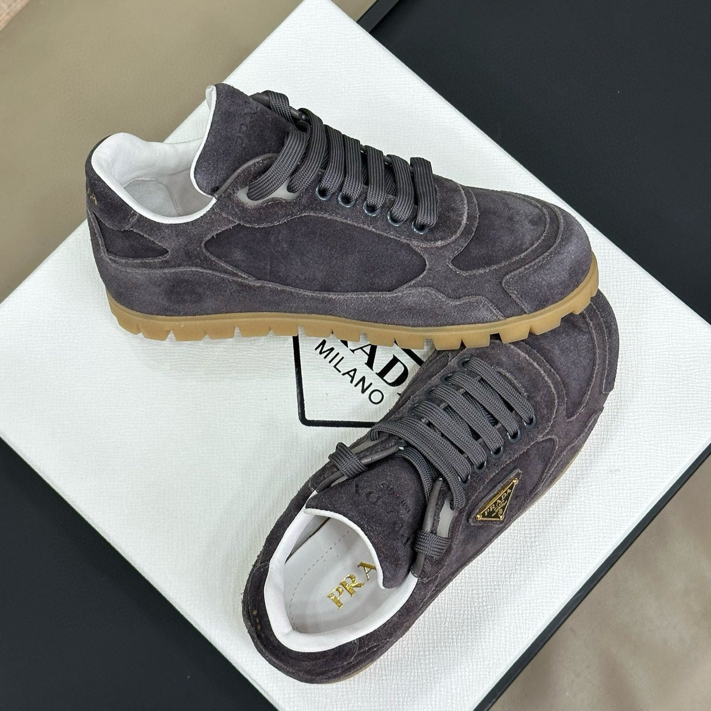 PRADA TRAIL FADED SUEDE SNEAKERS CHARCOAL