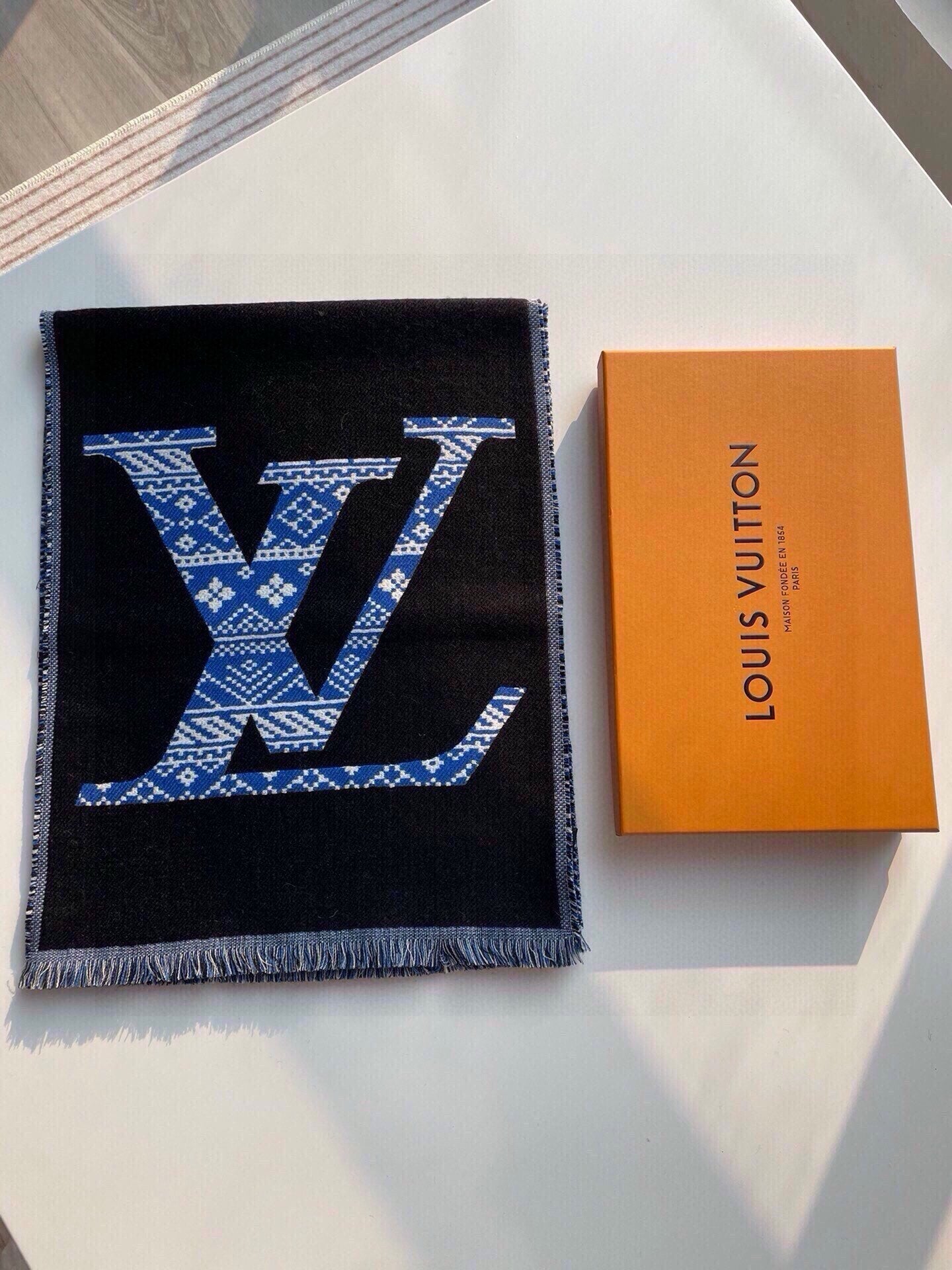 LOUIS VUITTON SCARF 200 CM IN BLACK MIX BLUE WOOL 390040