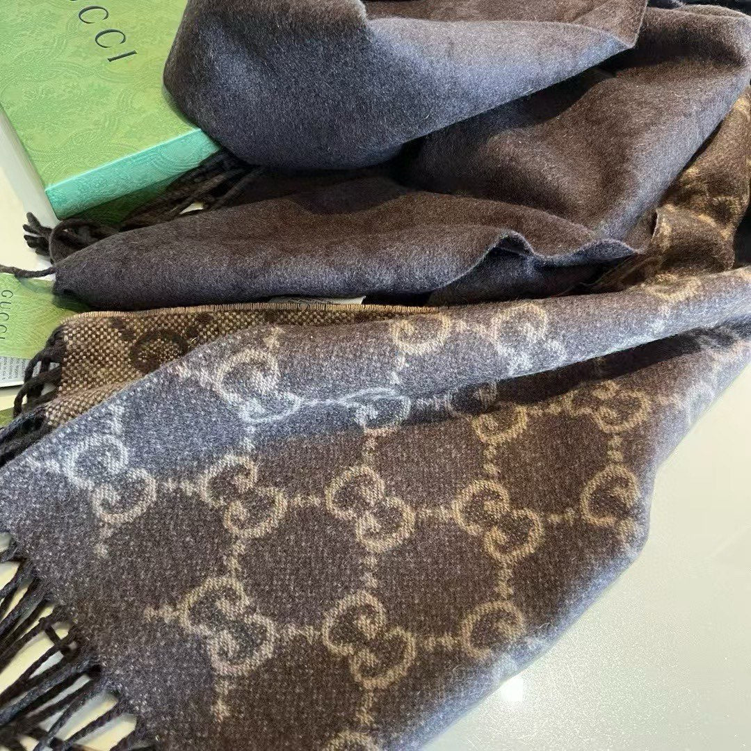 GUCCI SCARF 200 CM CHOCOLATE BROWN CASHMERE JACQUARD 405133