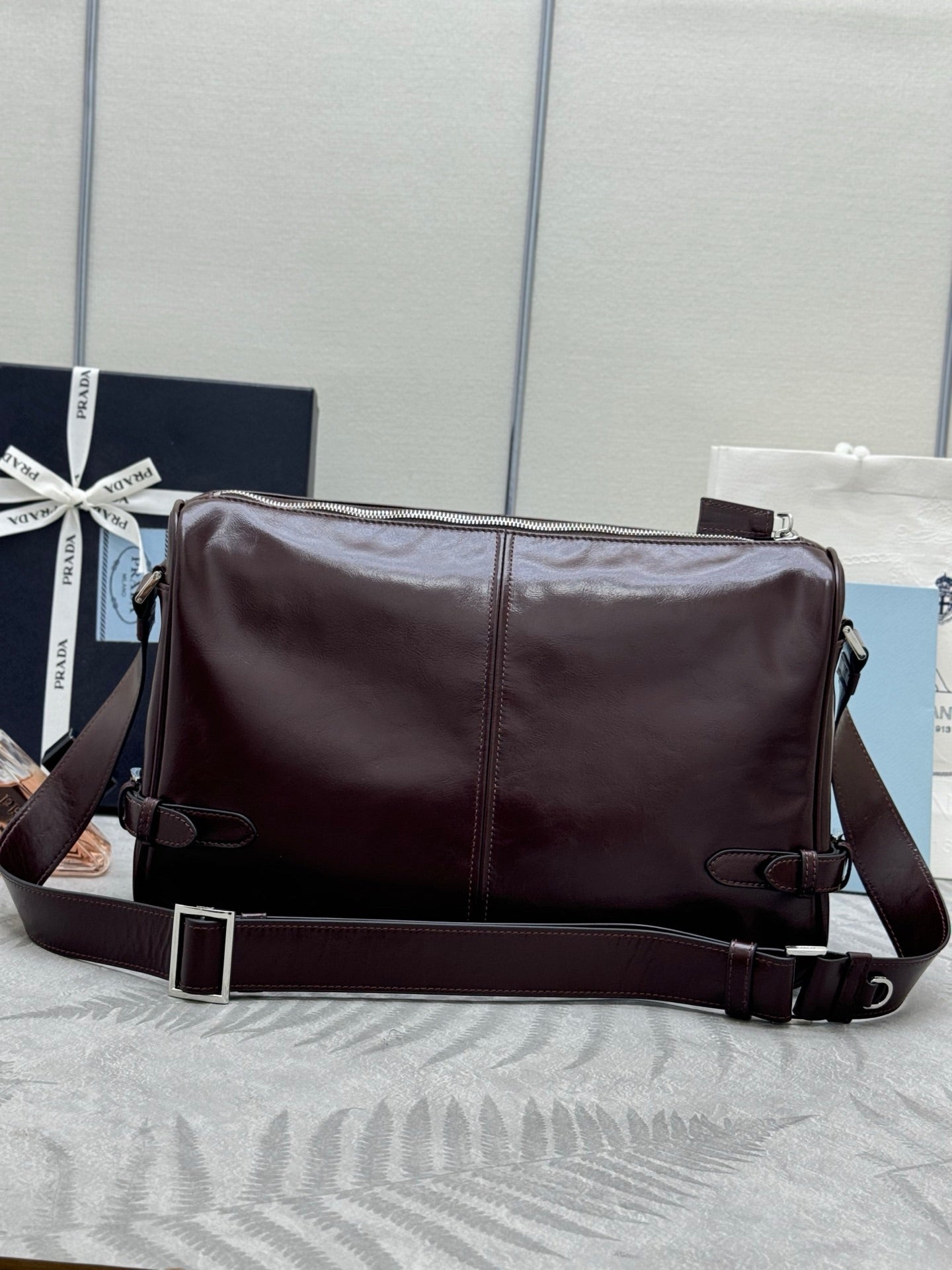 PRADA 25S SHOULDER BAG 35 IN RK BROWN CALFSKIN SILVER HARDWARE