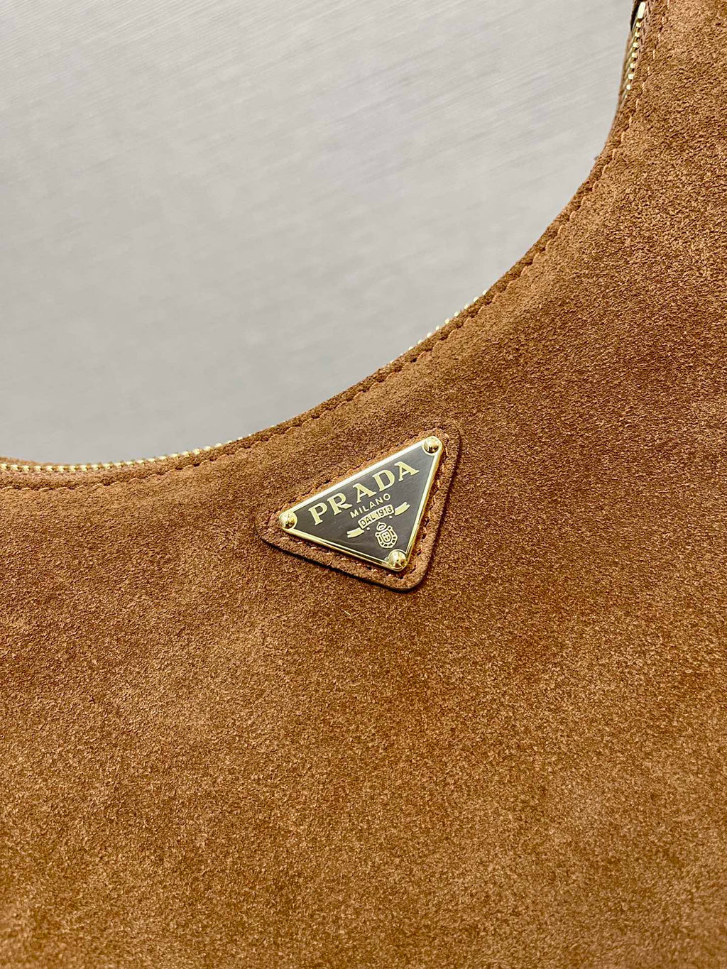 PRADA HOBO BAG 23 IN RUSSET BROWN SUEDE GOLD CHAIN