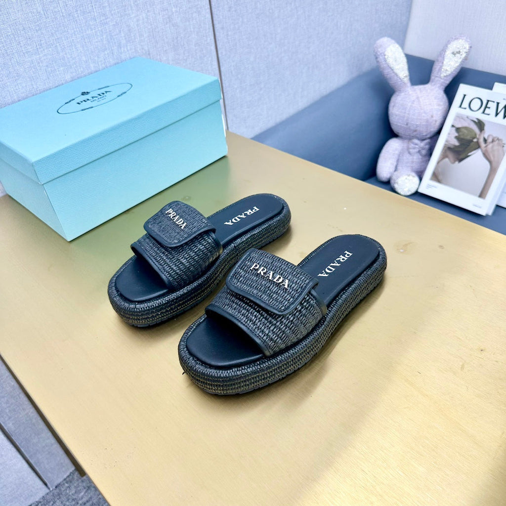 PRADA CROCHET SLIDES SLIPPERS BLACK RAFFIA