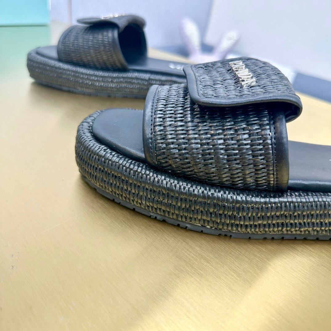 PRADA CROCHET SLIDES SLIPPERS BLACK RAFFIA