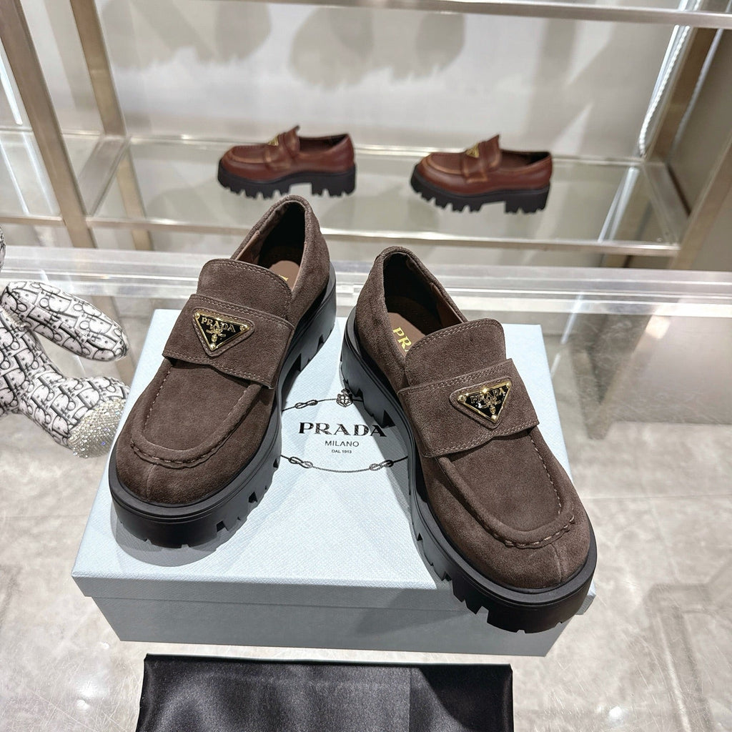 PRADA 25S THICK-SOLE LOAFERS 60 MM IN RK BROWN SUEDE